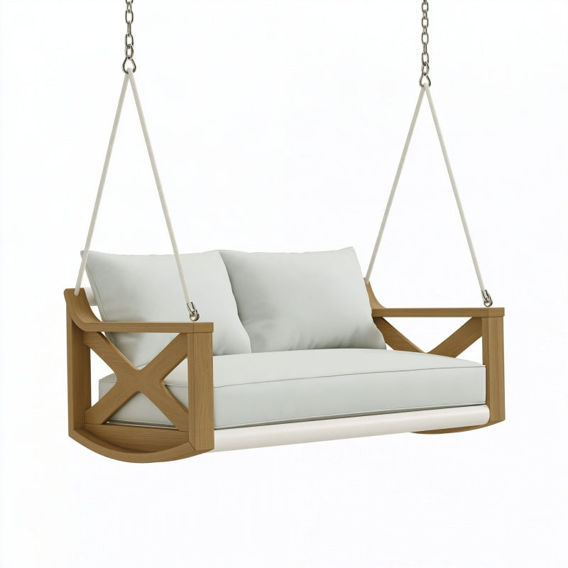 Dondolo sospeso da giardino 140 x 65 x 60 cm in legno naturale e tessuto bianco - due posti
