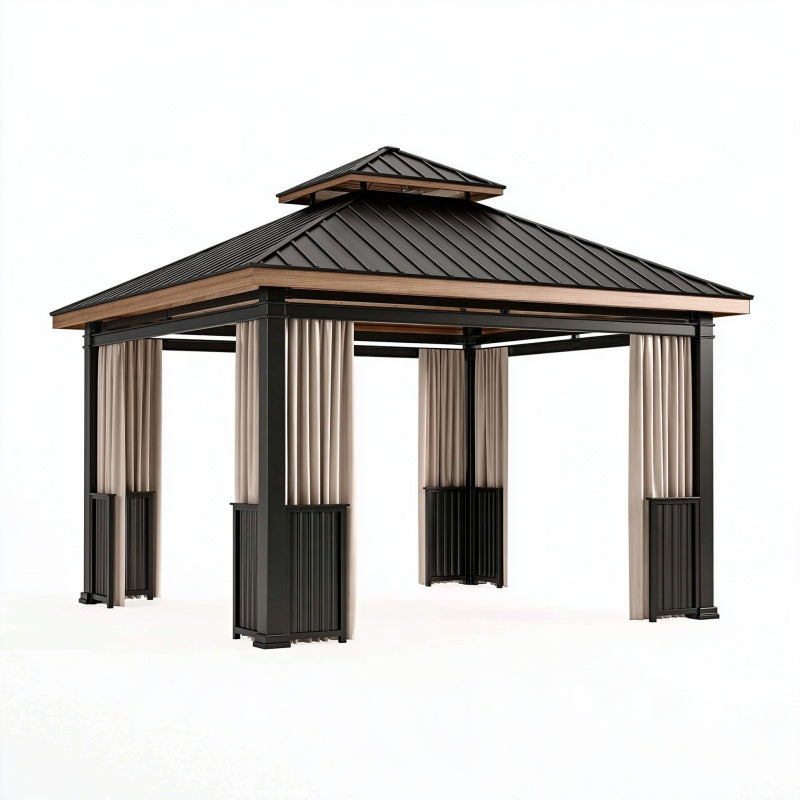 Gazebo 300 x 300 x 300 cm in metallo nero e legno con tende da esterno