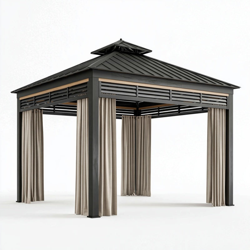 Gazebo da giardino 300x300x300 cm in acciaio nero con tende e tetto metallico