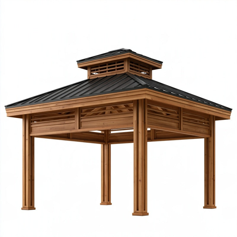 Gazebo da giardino 300 x 300 x 350 cm in legno marrone con tetto in metallo nero - struttura coperta per esterni