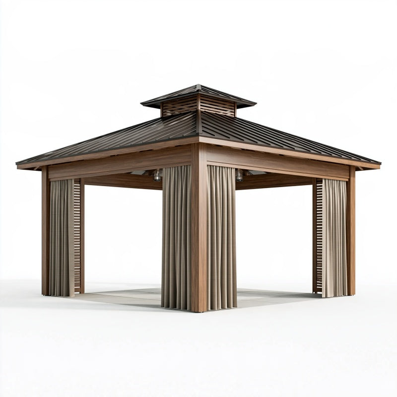 Gazebo da giardino 400 x 400 x 330 cm in legno marrone con tende - copertura in metallo stile moderno