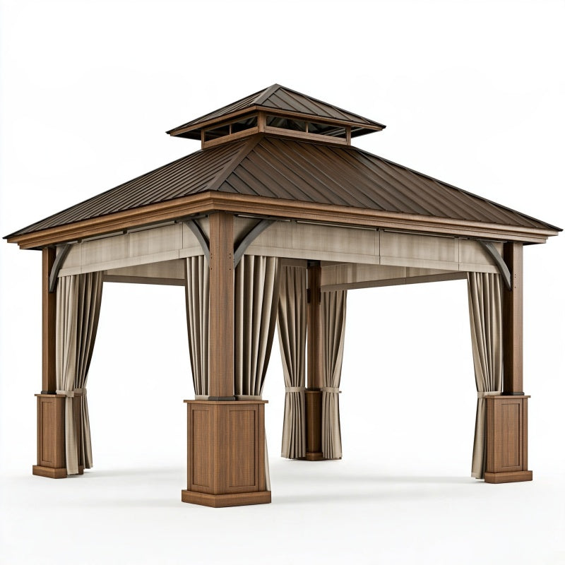 Gazebo da giardino 300 x 300 cm in metallo marrone con tende laterali stile classico