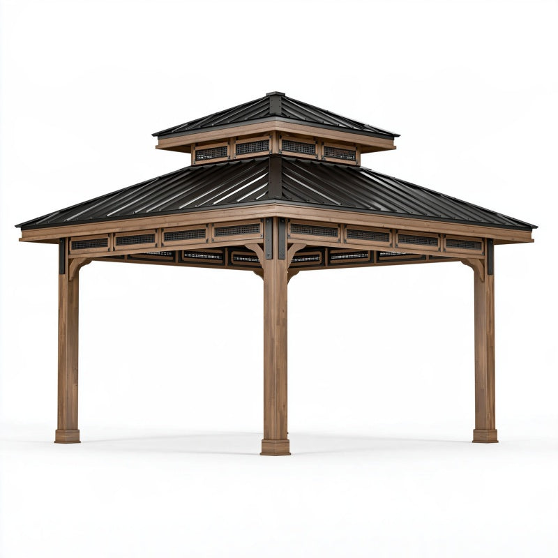 Gazebo da giardino 400 x 400 cm in legno marrone con tetto in metallo stile padiglione
