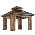 Gazebo da giardino 400 x 300 cm in legno con tetto in metallo nero e tende beige