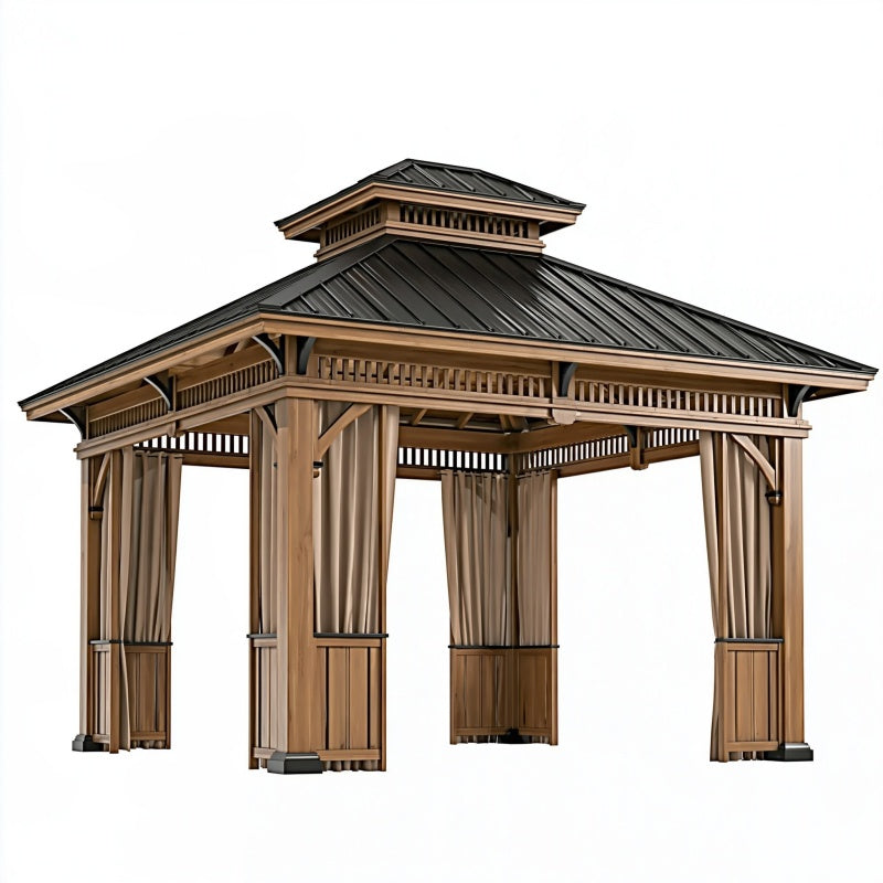 Gazebo da giardino 400 x 300 cm in legno con tetto in metallo nero e tende beige