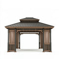 Gazebo da giardino 300 x 400 cm in acciaio grigio scuro con tende beige - copertura a doppio tetto