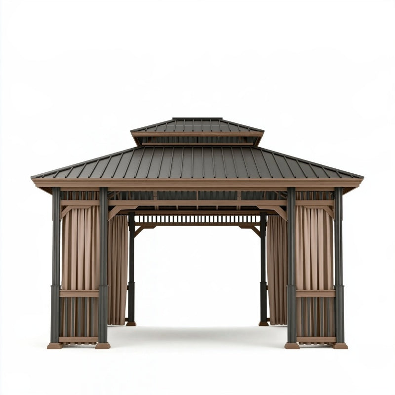 Gazebo da giardino 300 x 400 cm in acciaio grigio scuro con tende beige - copertura a doppio tetto