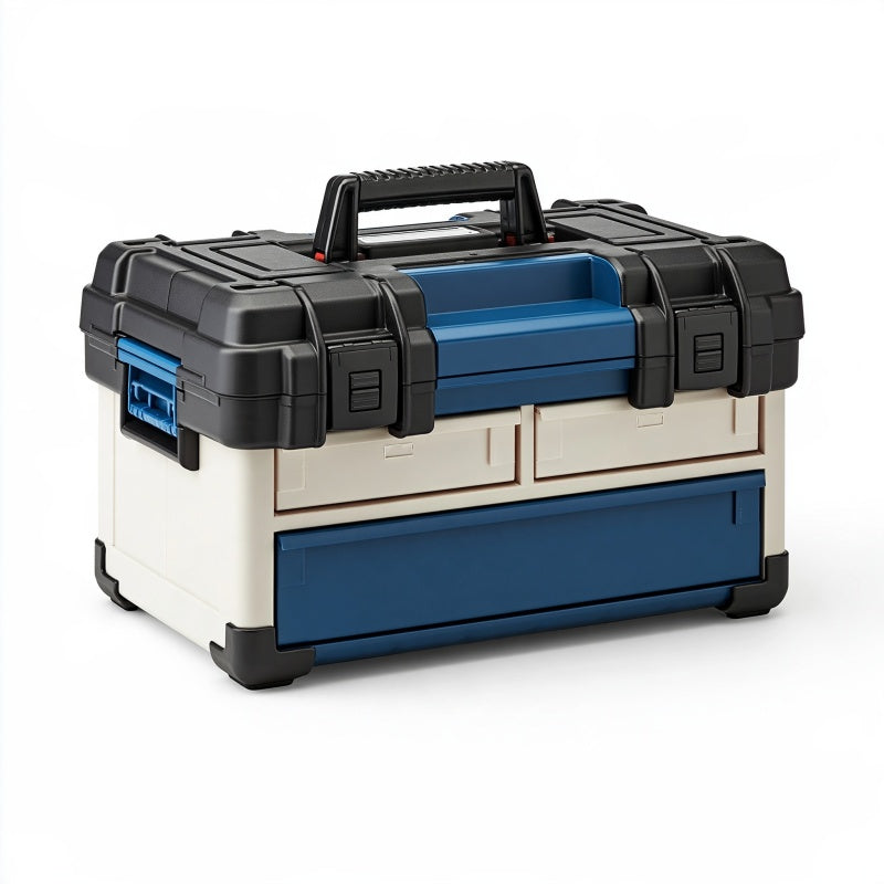 Cassetta portautensili 55 cm in plastica nero blu e bianco con cassetti e maniglia