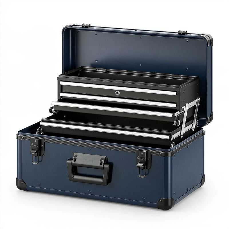 Cassetta portautensili 60 x 30 x 45 cm in metallo blu scuro con 3 cassetti per officina