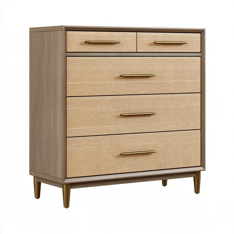 Cassettiera 90 x 45 x 110 cm in legno marrone e rattan - 5 cassetti stile retrò