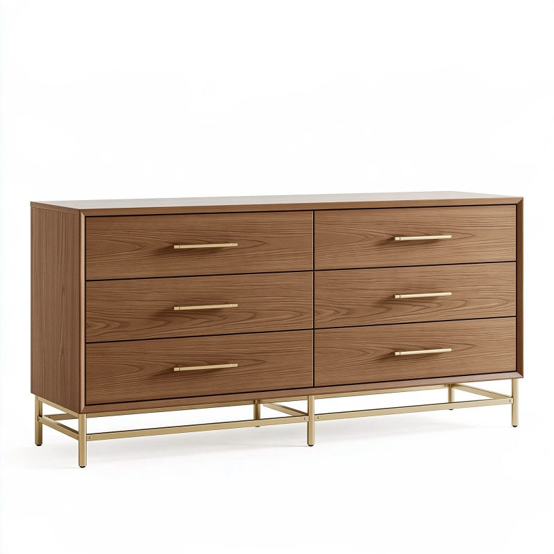 Cassettiera 160 cm effetto noce con struttura in metallo dorato - sei cassetti stile moderno